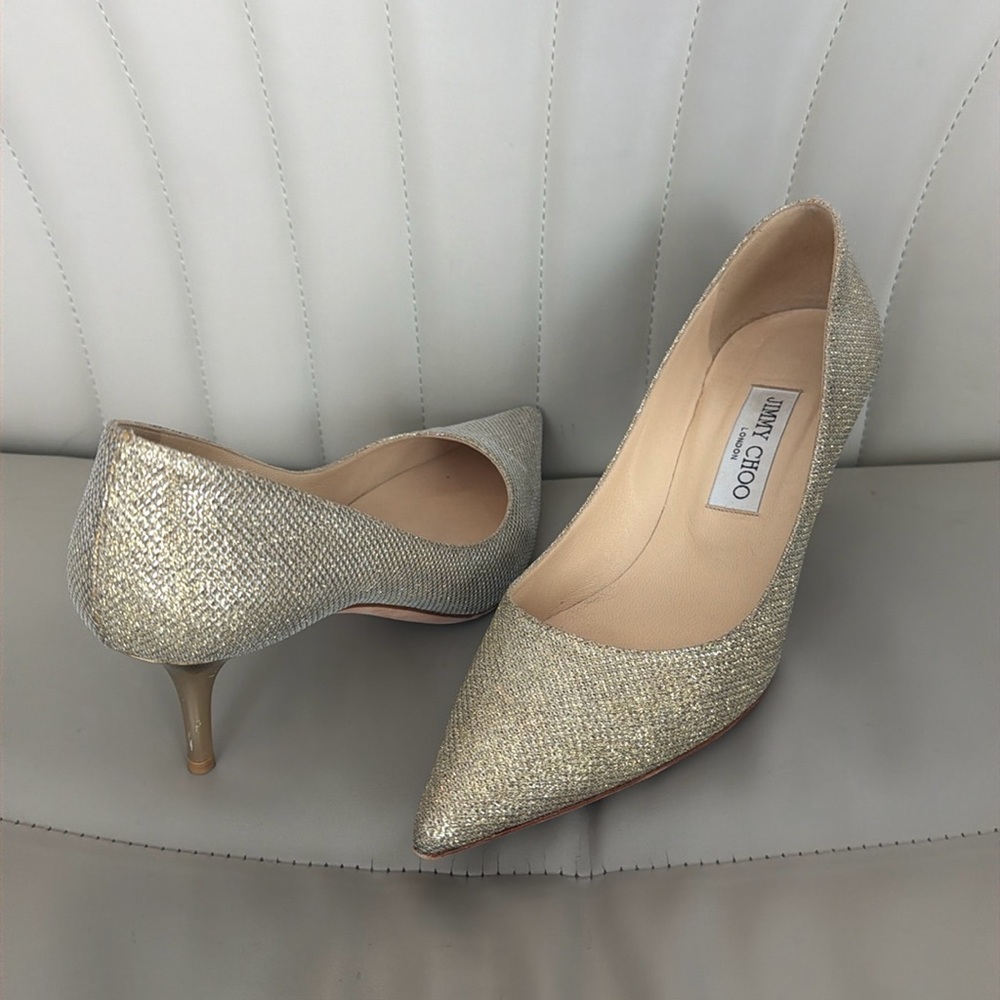 Authentic Jimmy Choo gold glitter heels size 38 1/2